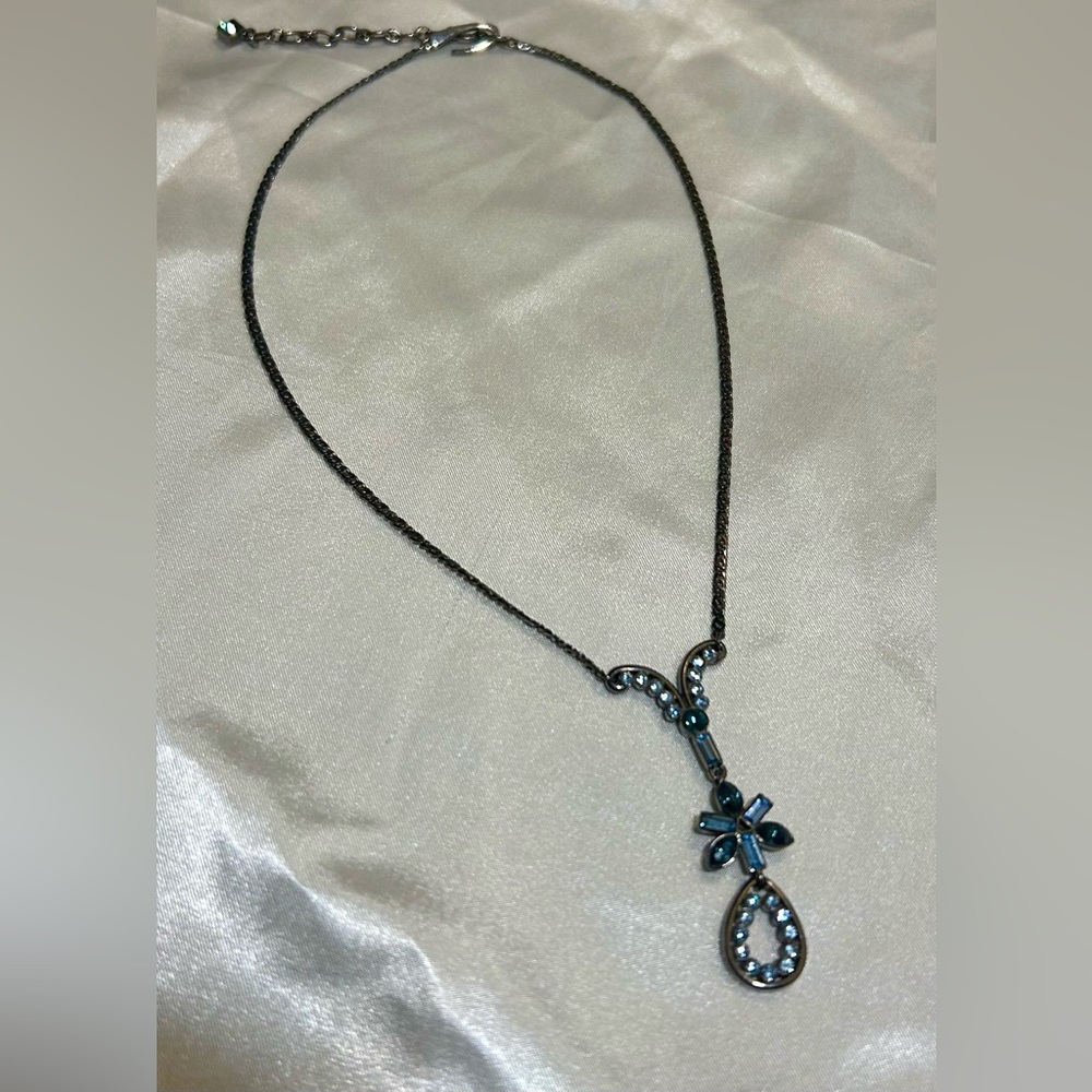 Givenchy Blue Rhinestone Teardrop Necklace in Gunmetal Signed Y2K Vibes
